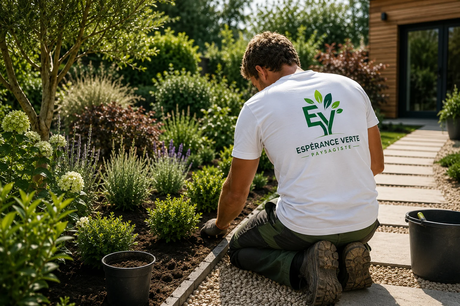 Paysagiste Espérance Verte réalisant un jardin sur mesure avec plantations, massifs, allées et aménagement extérieur en Île-de-France.