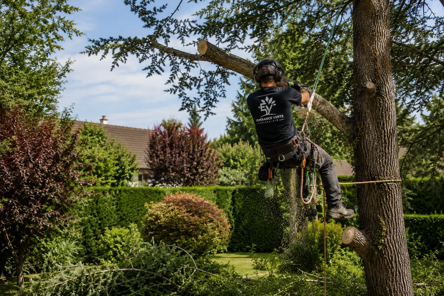 Élagueur professionnel réalisant la taille d'une grosse branche en hauteur avec équipement de sécurité et techniques de grimpe arboricole.