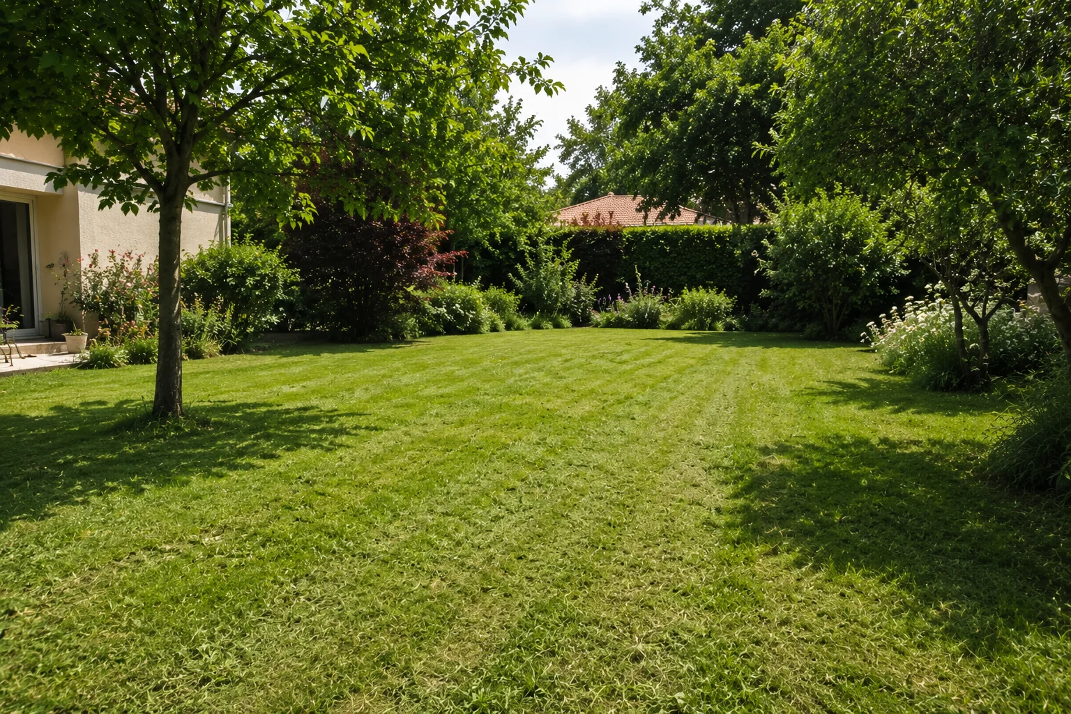 Pelouse fraîchement tondue dans un jardin de particulier avec arbres et massifs paysagers entretenus par un paysagiste en Île-de-France.