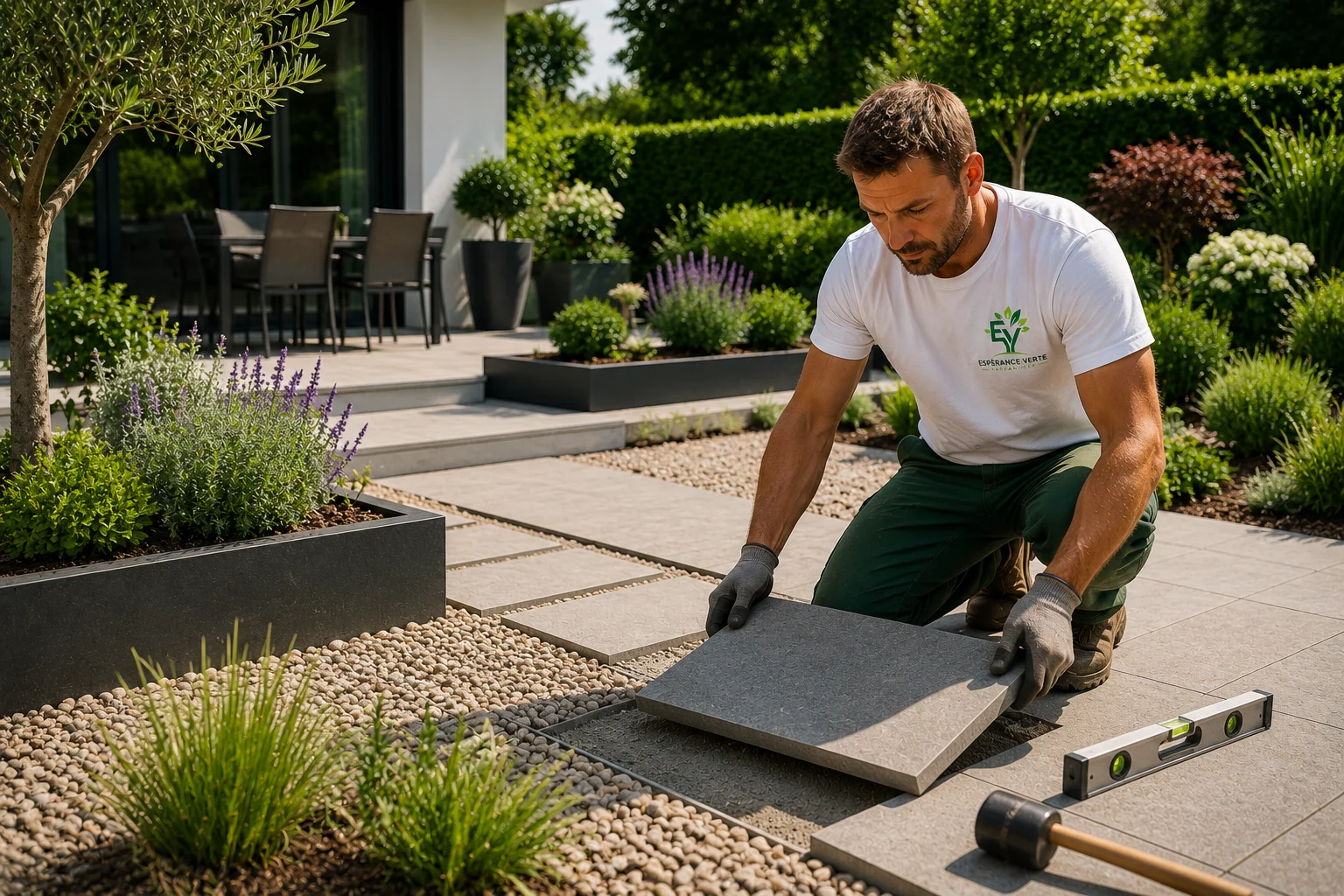 Paysagiste Espérance Verte réalisant un aménagement extérieur avec pose de dalles, terrasse moderne, graviers décoratifs et bacs plantés dans un jardin résidentiel.