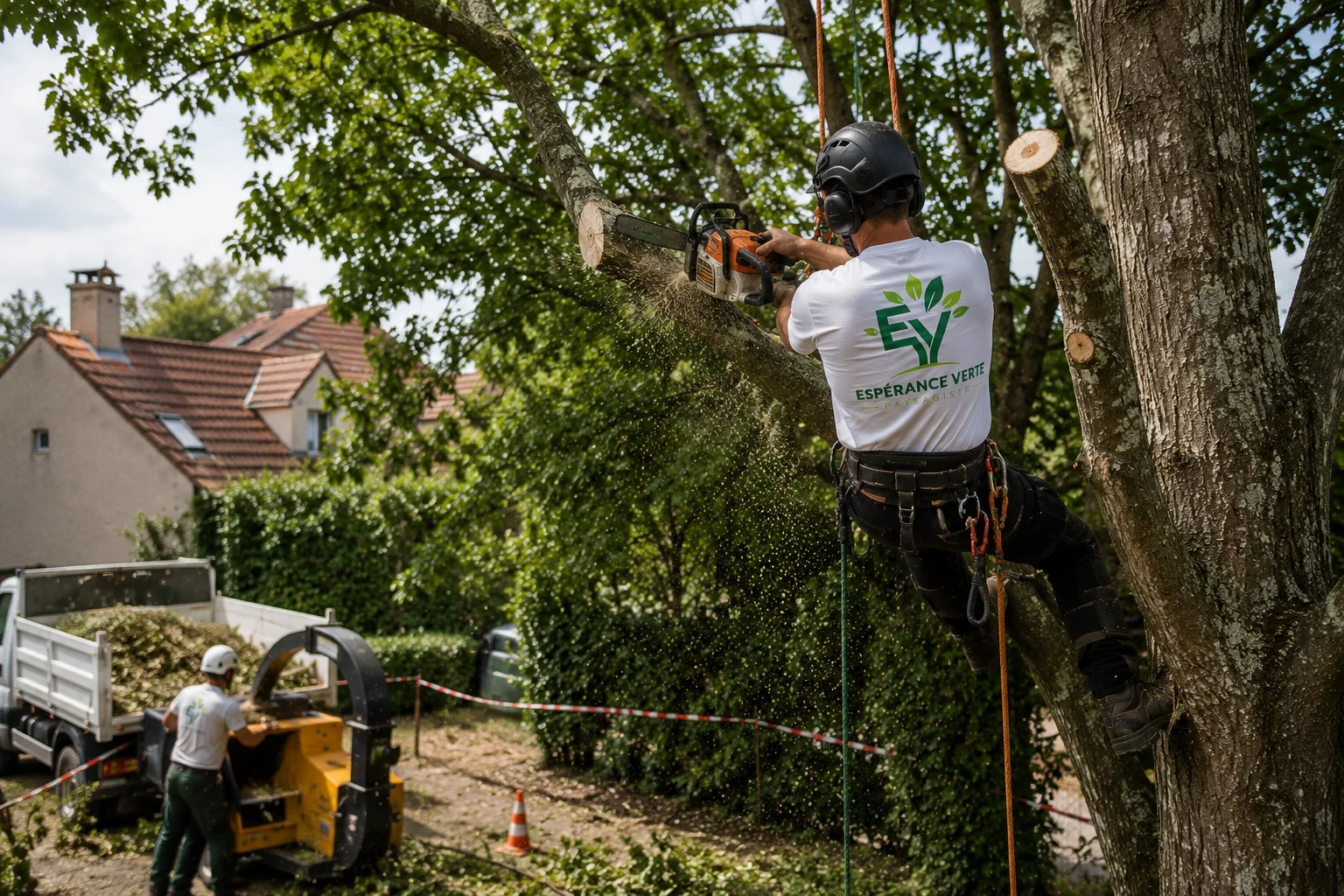 Élagueur professionnel Espérance Verte réalisant l’élagage sécurisé d’un grand arbre avec équipement de protection et techniques adaptées en environnement résidentiel.