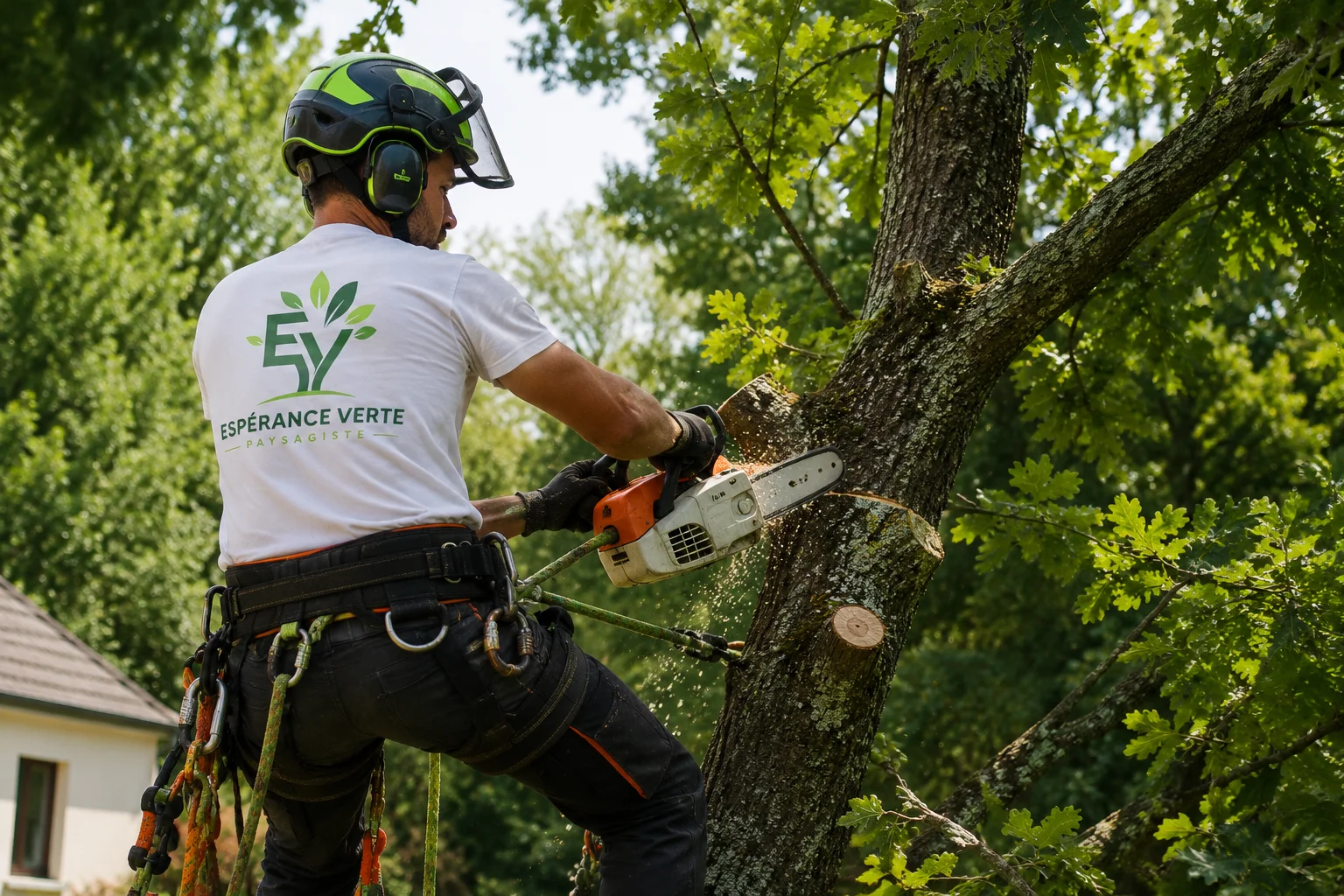 Élagage, abattage et traitement des arbres contre les chenilles processionnaires par Espérance Verte Paysagiste en Île-de-France.