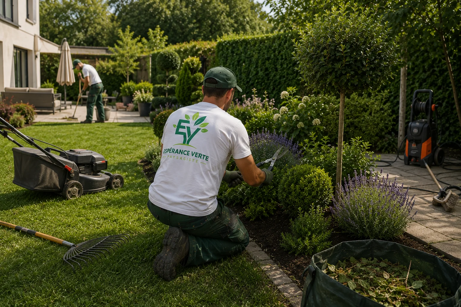 Paysagiste Espérance Verte réalisant l'entretien complet d'un jardin avec tonte de pelouse, taille des arbustes, nettoyage des allées et entretien des massifs dans un jardin résidentiel.