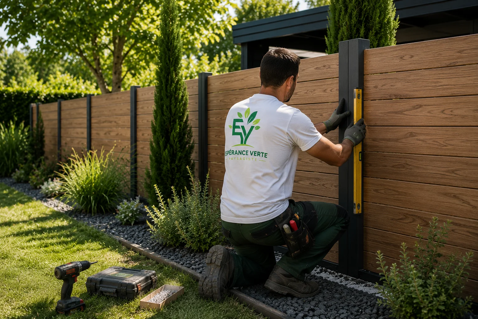 Paysagiste Espérance Verte réalisant un aménagement extérieur avec pose de dalles, terrasse moderne, graviers décoratifs et bacs plantés dans un jardin résidentiel.
