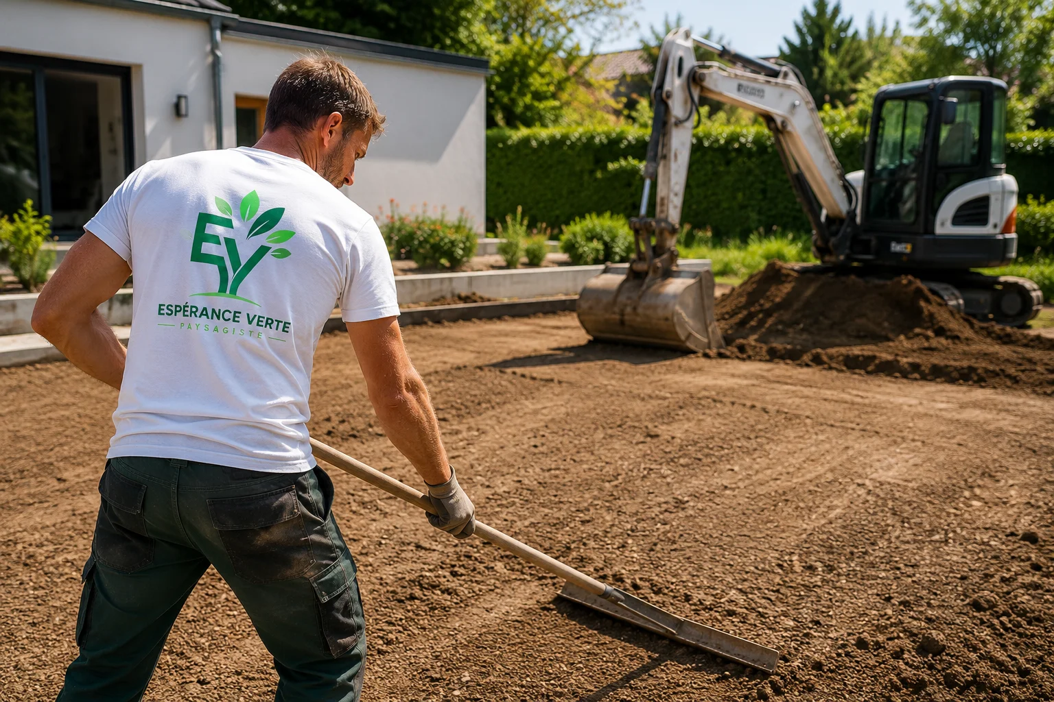 Travaux de terrassement, décaissement et nivellement de terrain par Espérance Verte Paysagiste pour l'aménagement extérieur et la création de jardins en Île-de-France.